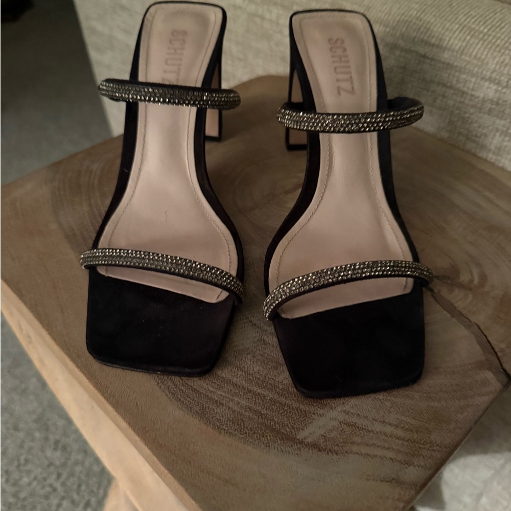 SCHUTZ Black Suede Square Toe Heeled Sandals with Rhinestone Straps